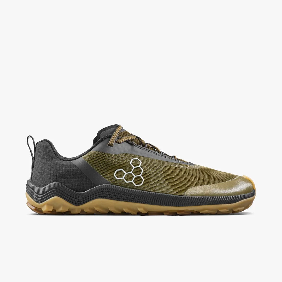 Кроссовки Vivobarefoot Primus Trail Flow — мужская модель, тёмно-оливковый с каучуковой подошвой